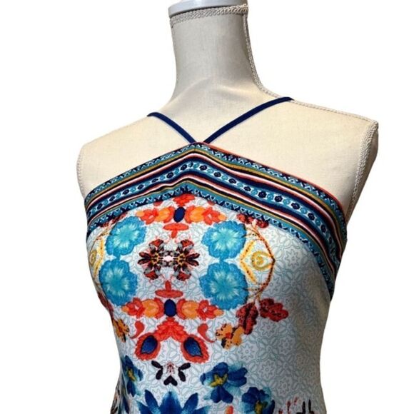 Bisou Bisou Blue Floral Print Dress Adjustable Halter Strap Top Zip Back Size 4 - Picture 3 of 12